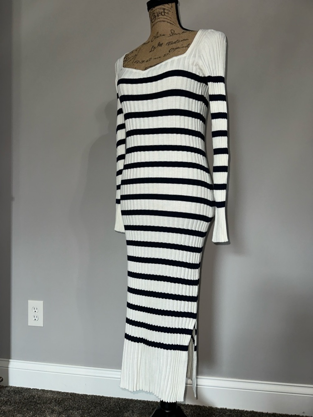 H&M White and Navy Striped Ribbed Midi Dress size S
